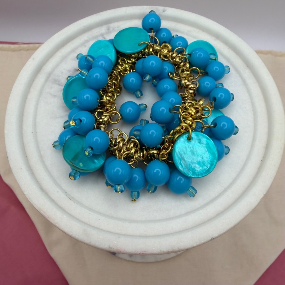 Turquoise Blue Beaded Charm Bracelet Gold Tone Chunky Multi Strand Boho Jewelry - Picture 2 of 2